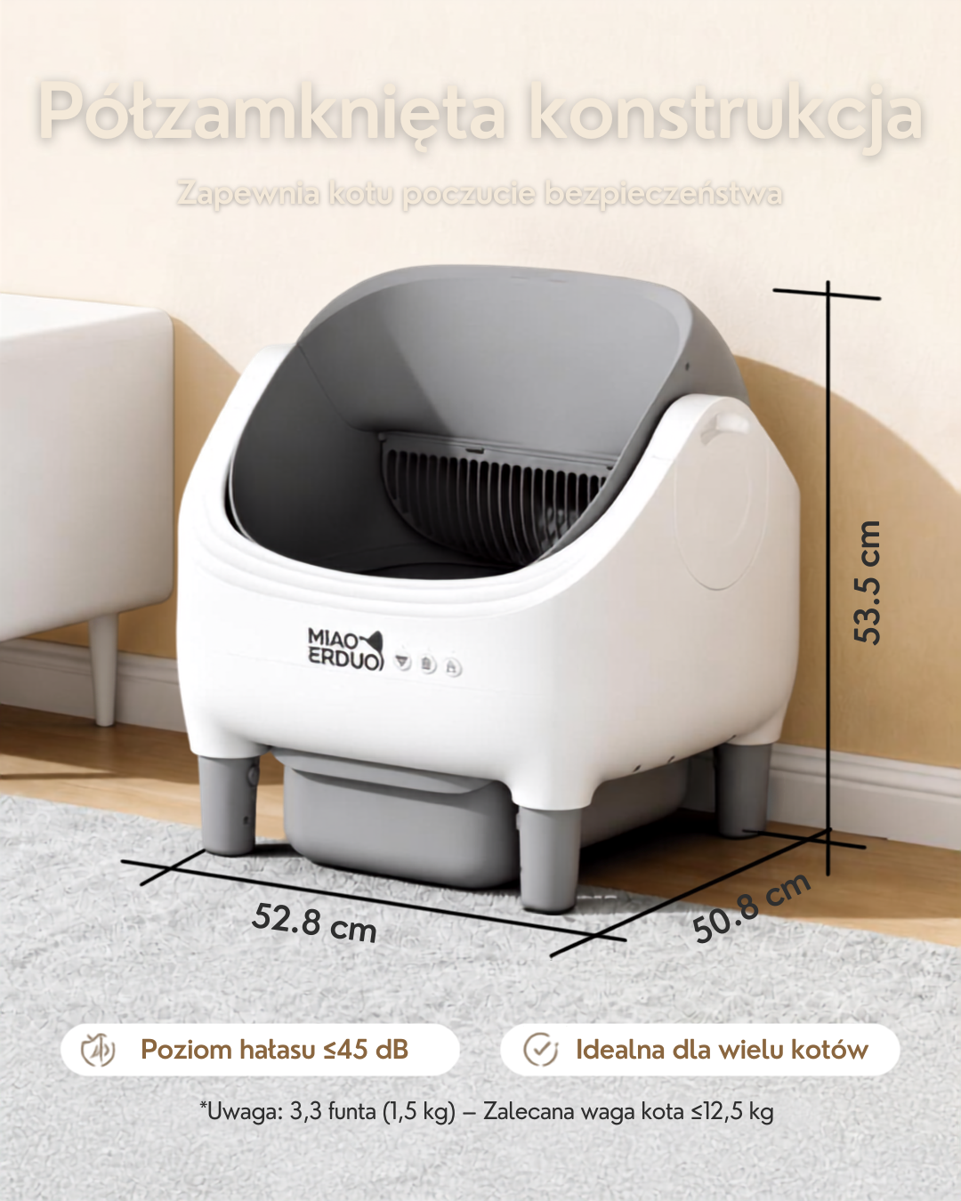 Kuweta SPOKOT 75 l — wymiary zewnętrzne, poziom hałasu do 45 dB i zakres wagi kota 1,5–10 kg