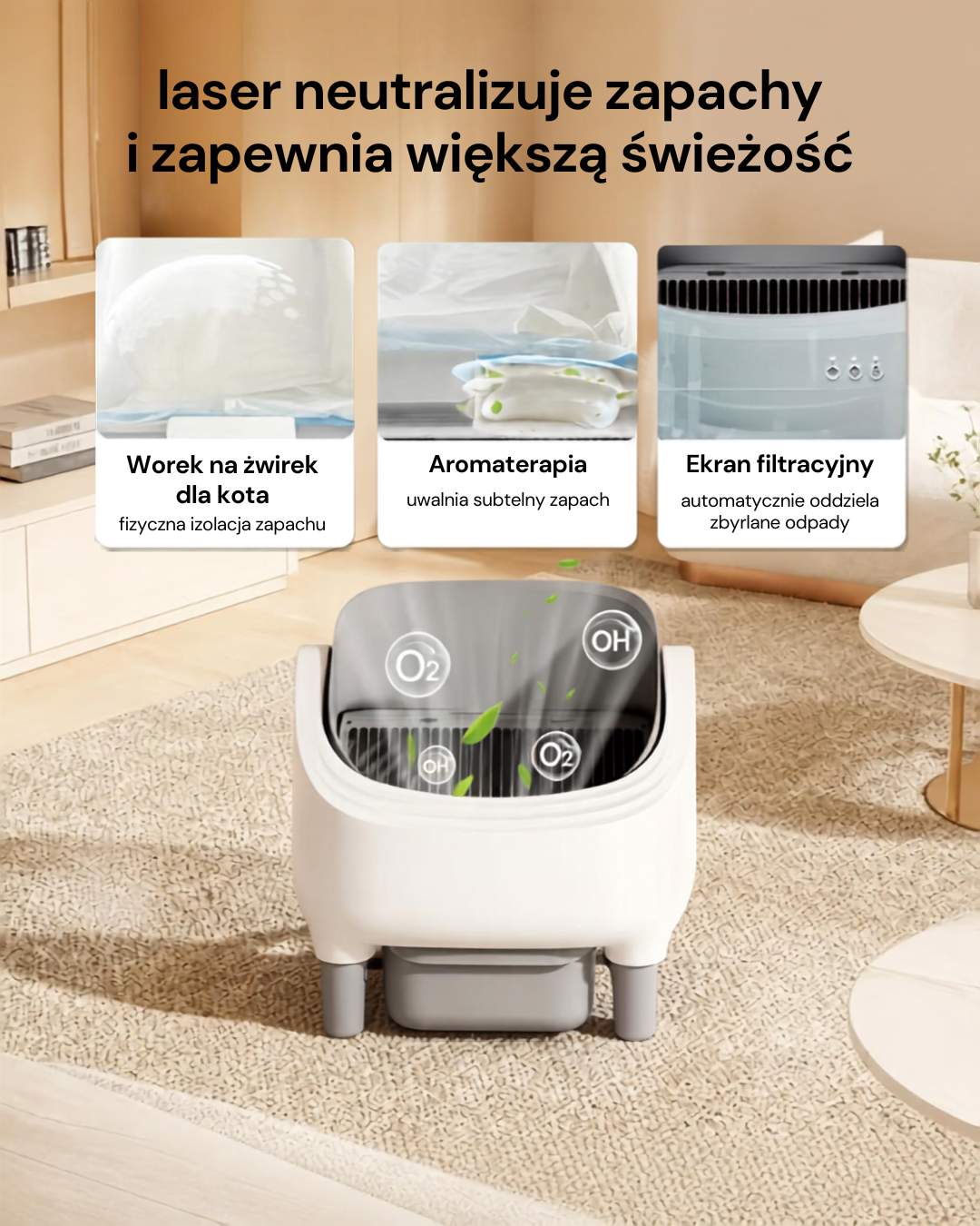 Kontrola zapachu w kuwecie SPOKOT — worek w szufladzie, wkład zapachowy i ekran filtracyjny